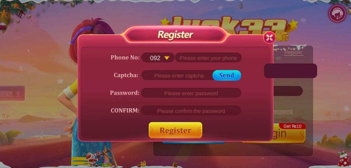 Luck33 registration screen with phone verification and password fields