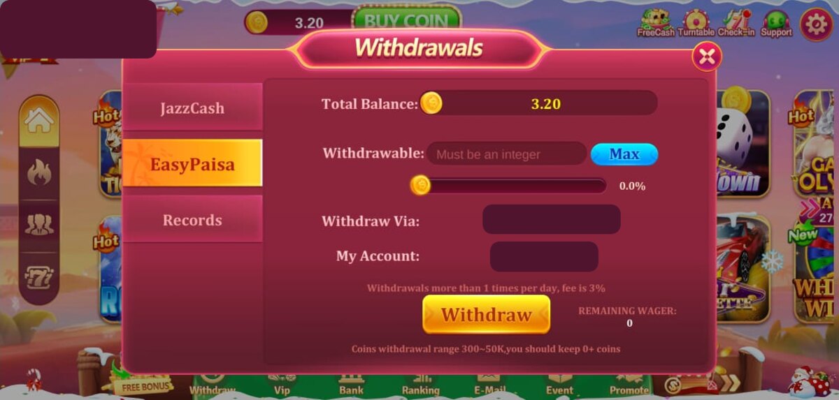 Luck33 withdrawal screen showing JazzCash and Easypaisa options with personal details covered